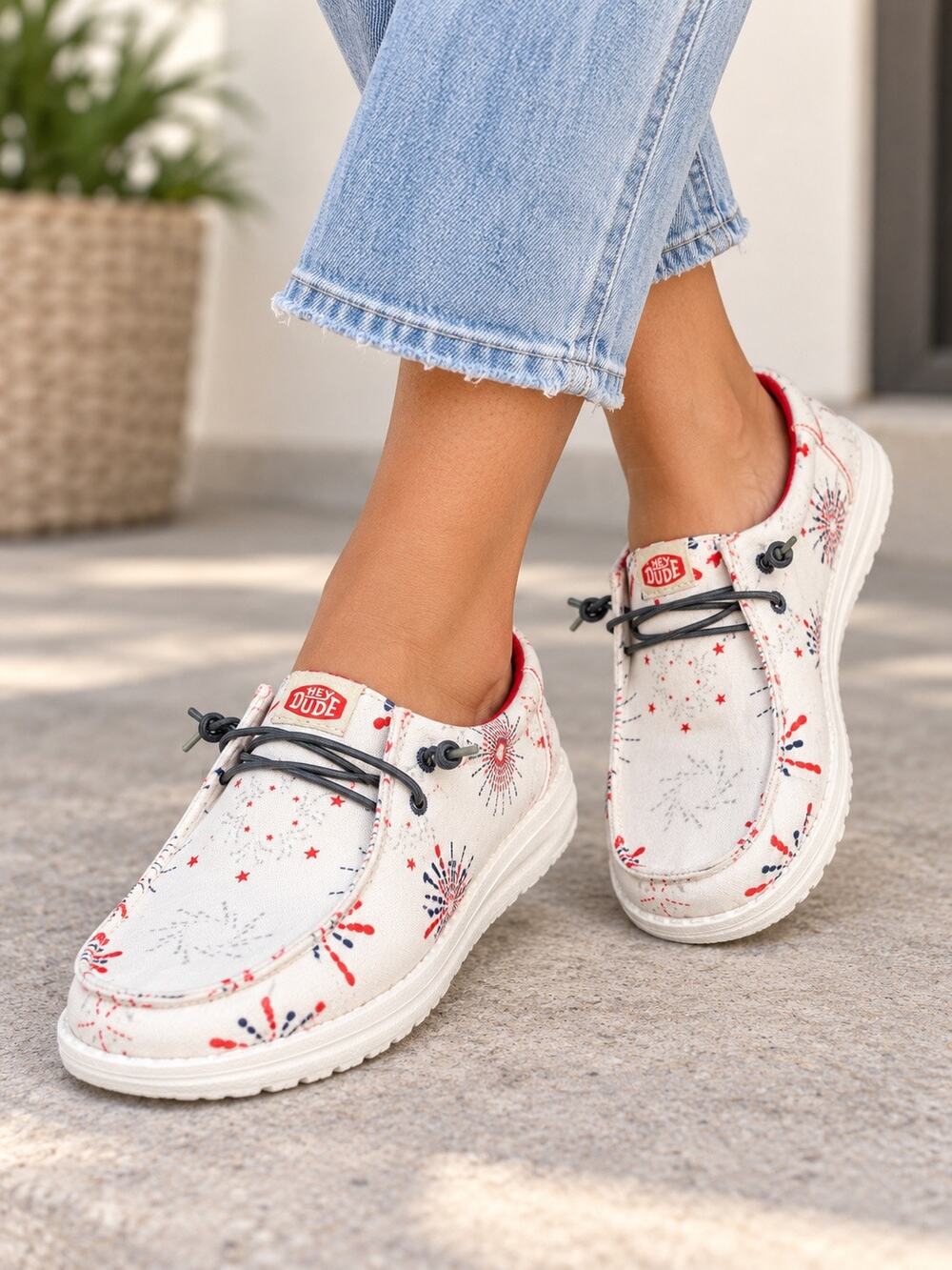 HEYDUDE Wendy Fireworks Slip On Shoes White Red Blue Women’s W8 New